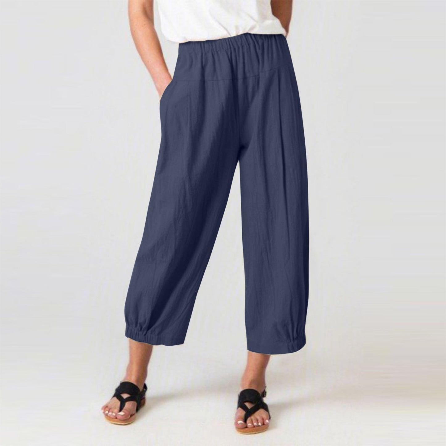Women’s Harem Pants – Cotton Linen Blend – High Waist – Cropped Loose Fit – Elastic Waistband