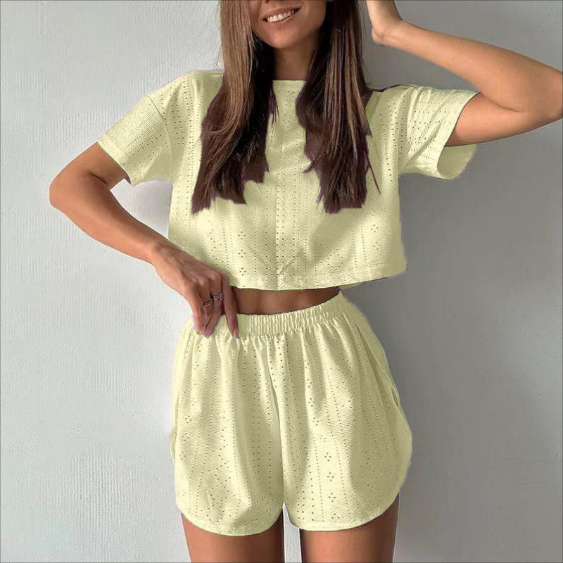 Women’s Two-Piece Set – Cotton Blend – Relaxed Fit – Perforated Crop Top & Shorts