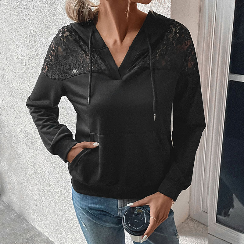Women’s Hoodie – Relaxed Fit – Soft Knit – Lace Detail – Drawstring Hood – Kangaroo Pocket