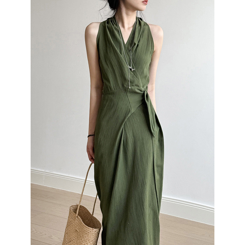 Women’s Halter Neck Dress – Slim Fit – V-Neck – Waist Tie – Flowy Full Length