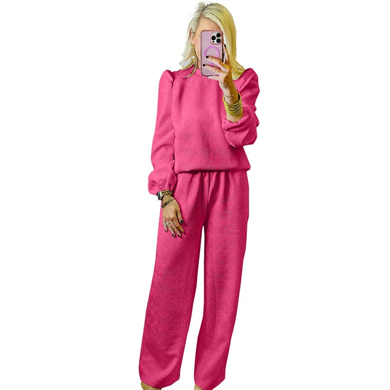 Women’s Two-Piece Set – Relaxed Fit – Wide-Leg Pants – Long Sleeve Puff Shoulder Top