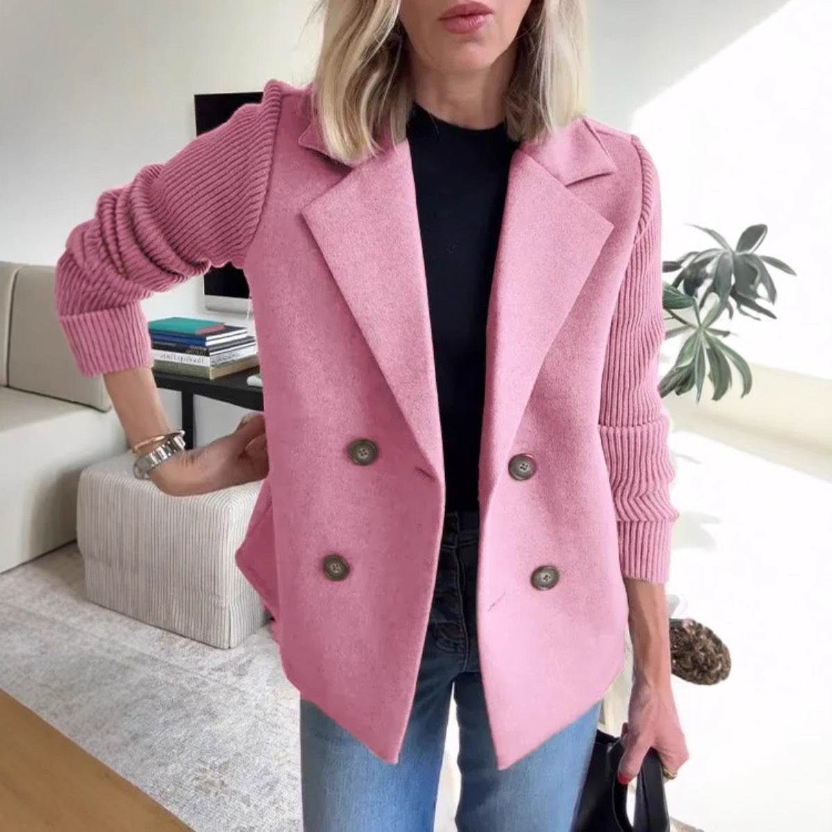 Women’s Blazer – Oversized Fit – Double-Breasted – Soft Knit Sleeves – Hip Length