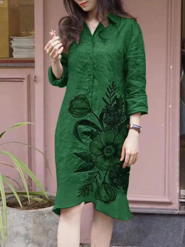 Women’s Shirt Dress – Cotton Feel – Relaxed Fit – Knee Length – Floral Print – Button Front