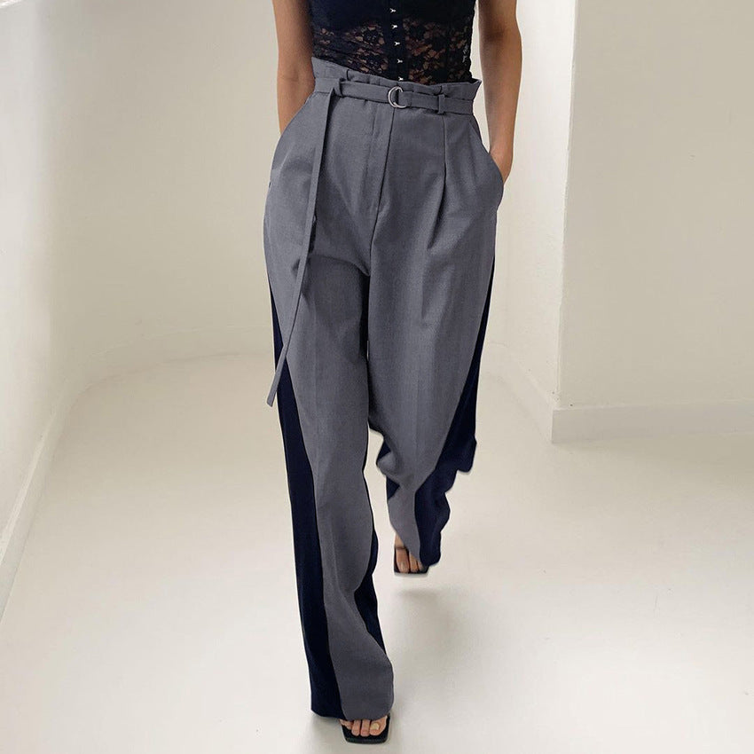 Women’s Wide-Leg Trousers – High Waist – Belted with Ring – Color Block – Full Length