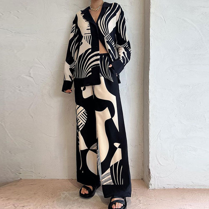 Women’s Matching Set – Relaxed Fit – Button-Up Top – Wide-Leg High-Waist Pants