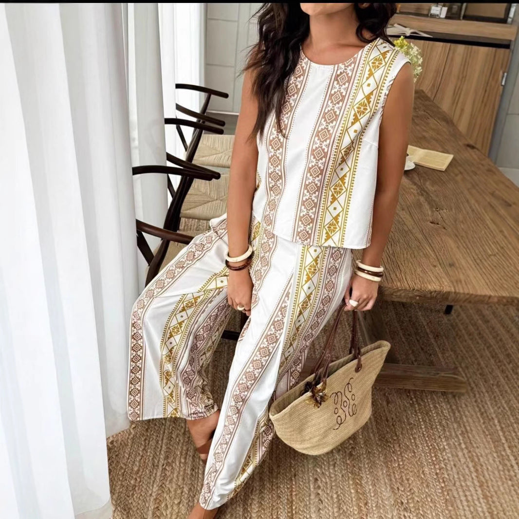 Women’s Two-Piece Set – Sleeveless Top and Wide-Leg Pants – Relaxed Fit – Geometric Print