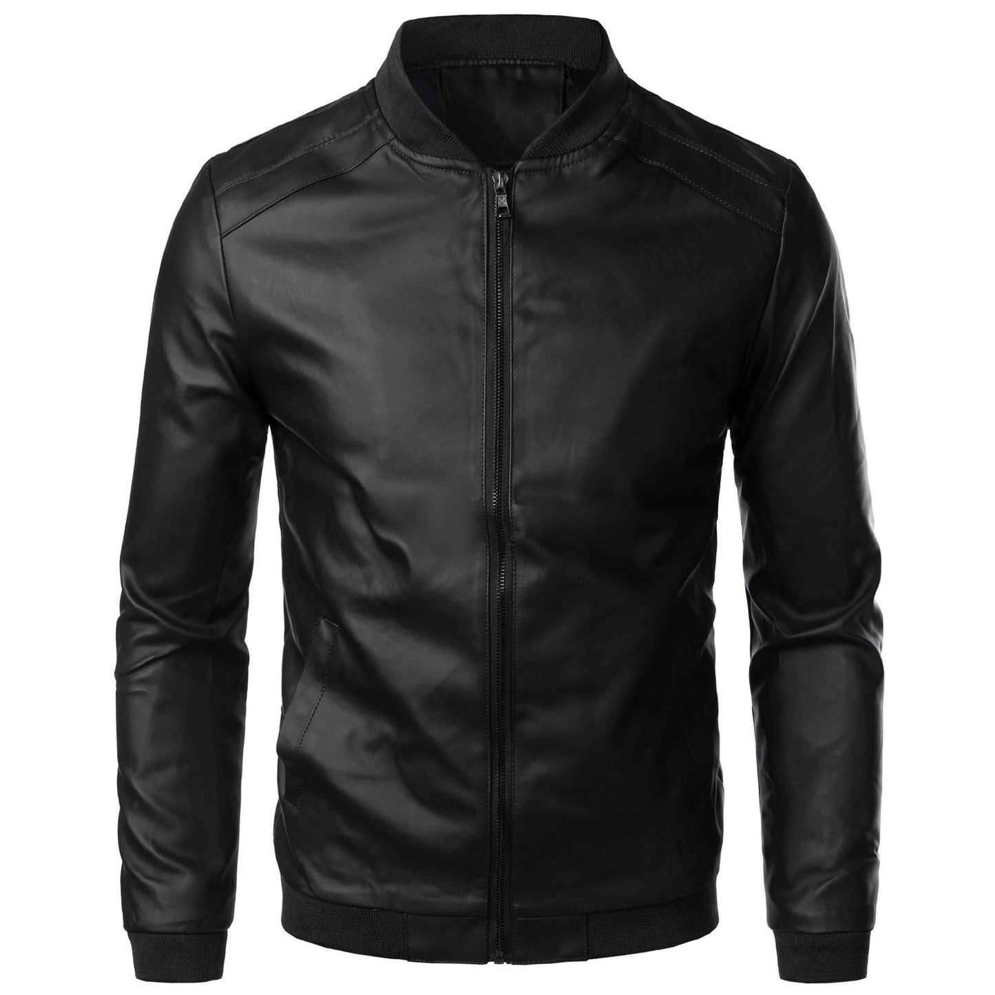 Men’s Leather Jacket – Slim Fit – Stand Collar – Zipper Front – Ribbed Hem and Cuffs
