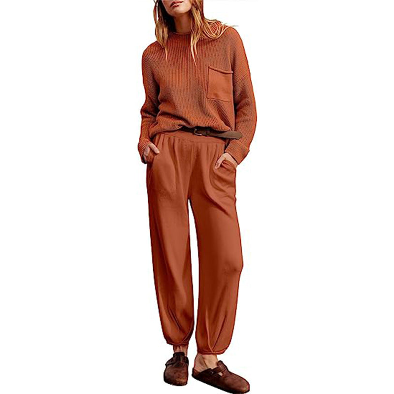Women’s Two-Piece Set – Soft Knit Top – Elastic Waist Joggers – Relaxed Fit