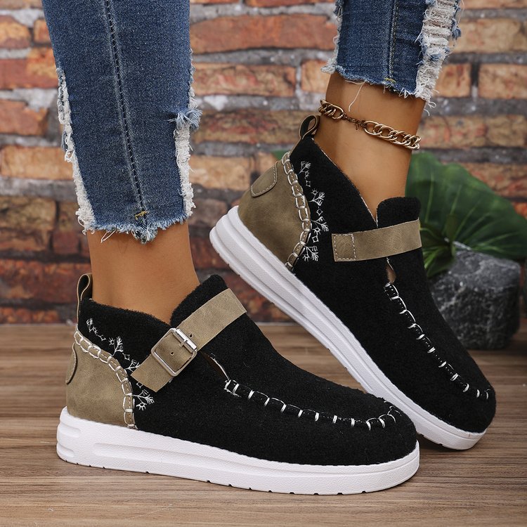 Women’s Ankle Boots – Slip-On Comfort – Buckle Strap – Textured Finish – Casual Fit