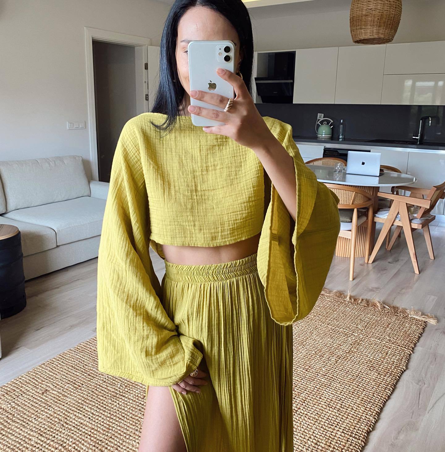 Women’s Two-Piece Set – Boat Neck – Relaxed Fit – 3/4 Wide Sleeves – High Slit Maxi Skirt