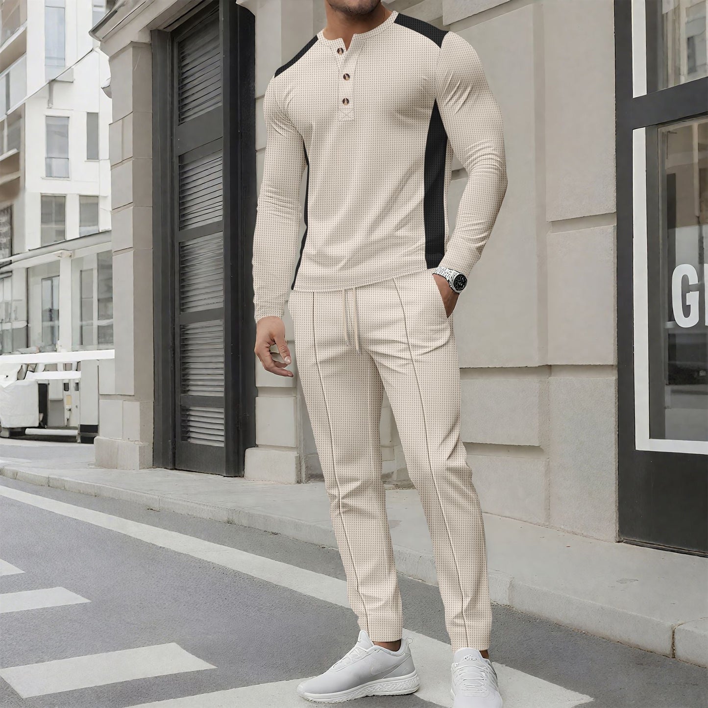Men’s Tracksuit Set – Slim Fit – Long Sleeve Henley – Tapered Jogger Pants – Cotton Blend