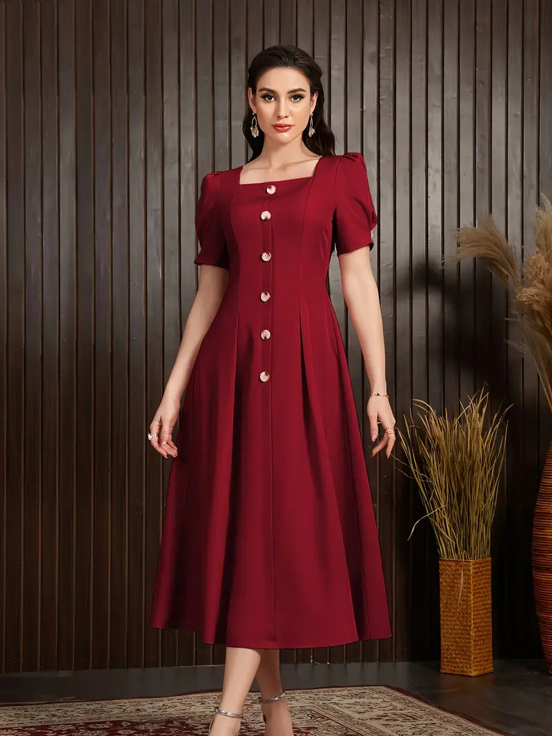 Women’s Knitted Dress – Slim Fit – A-Line Midi – Puff Sleeve – Button Front