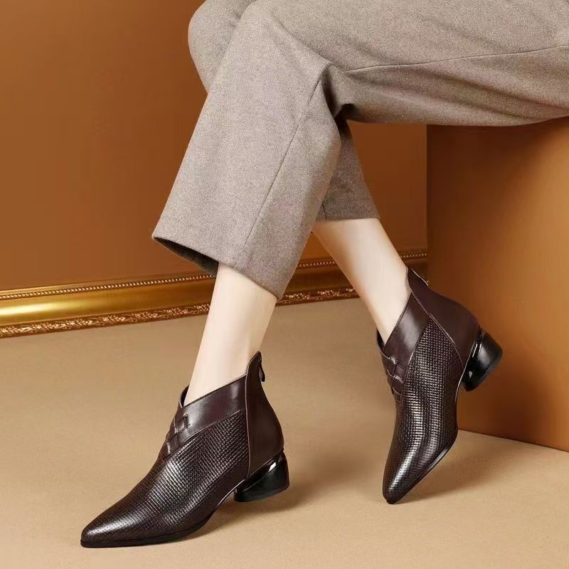 Women’s Ankle Boots – Pointed Toe – Low Block Heel – Textured Side Panels