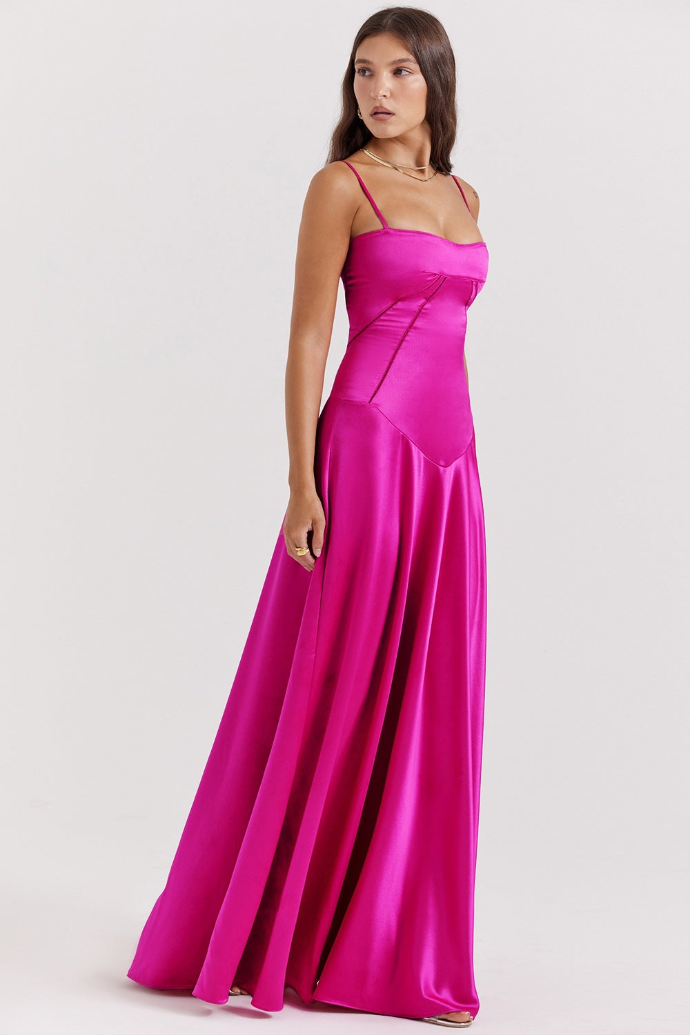 Women’s Evening Gown – Satin Full Length – A-Line Fit – Spaghetti Straps – Cut-Out Waist