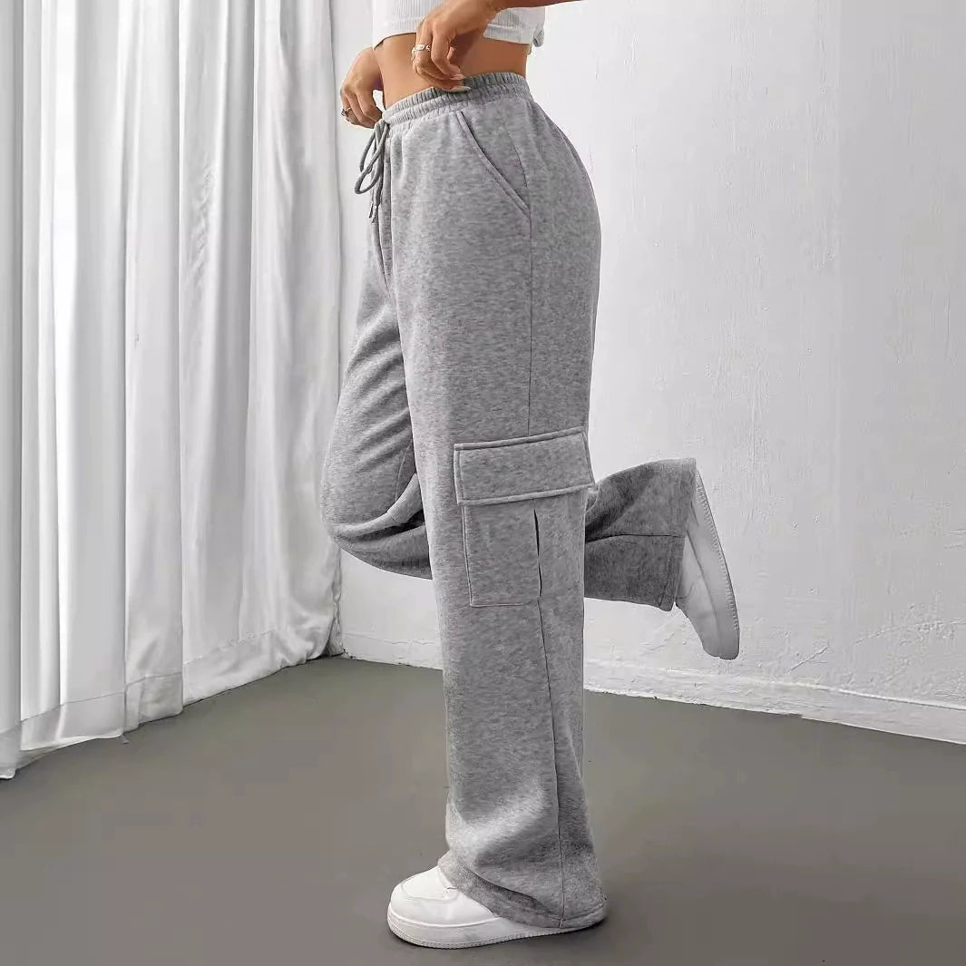 Women’s Cargo Sweatpants – Relaxed Fit – Wide Leg – High Waist – Drawstring