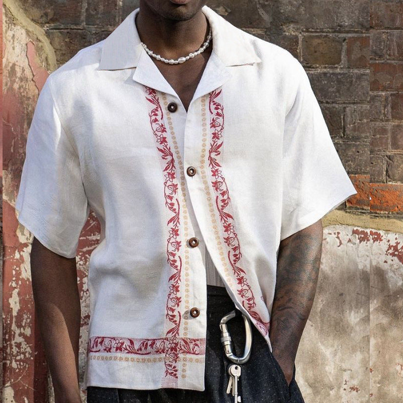 Men’s Short Sleeve Shirt – Relaxed Fit – Embroidered Linen Blend – Button Front