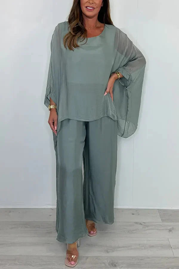 Women’s Two-Piece Set – Oversized Fit – Wide-Leg Pants – Asymmetrical Top – Chiffon