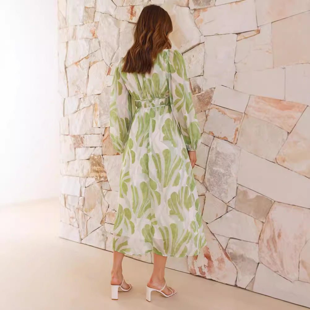 Women’s Chiffon Dress – Floral Print – V-Neck – Relaxed Fit – Long Sleeve – Full Length