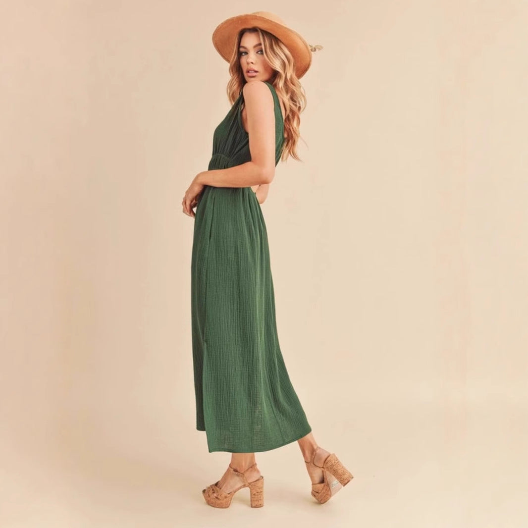 Women’s A-Line Dress – Sleeveless – Midi Length – Elastic Waist – Side Slit – Relaxed Fit