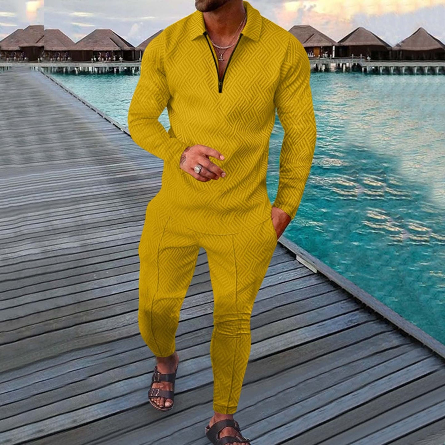 Men’s Sports Leisure Suit – Slim Fit – Long Sleeve Polo – Geometric Print