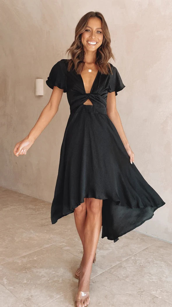 Women’s Midi Dress – V-Neck – Tie Waist – Flutter Sleeve – Luxury Fabric – Flared Hem