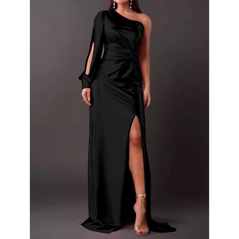 Women’s Maxi Dress – Satin – One Shoulder – Slim Fit – Ruched Waist – High Slit – Long Sleeve