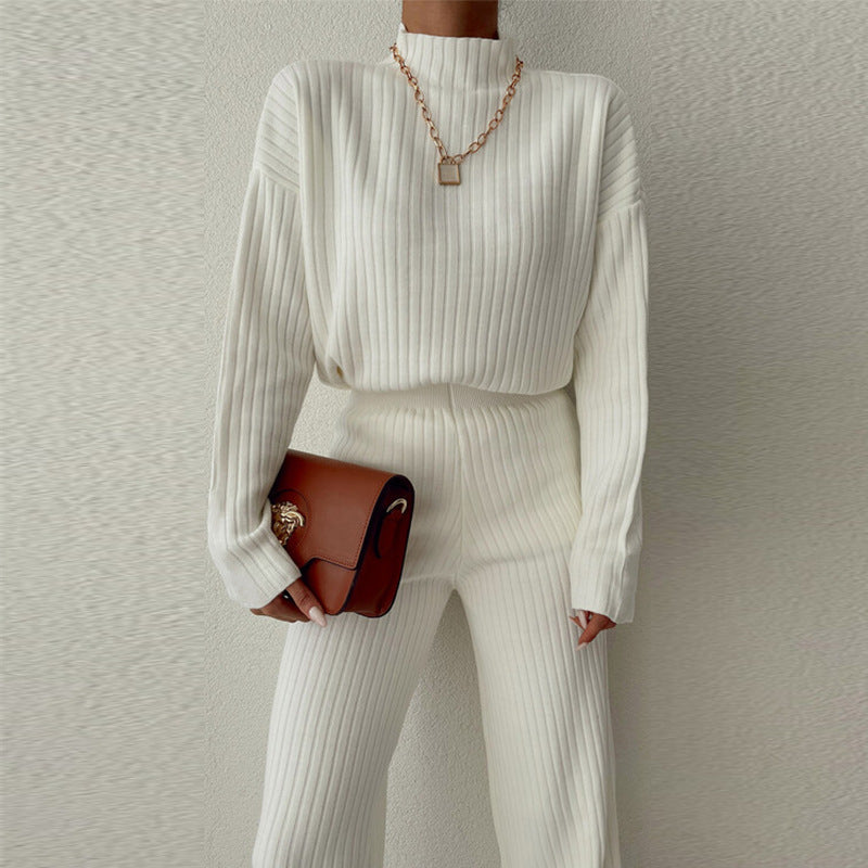 Women’s Knit Set – Ribbed Two-Piece – Oversized Top – Semi-High Neck – Full Length