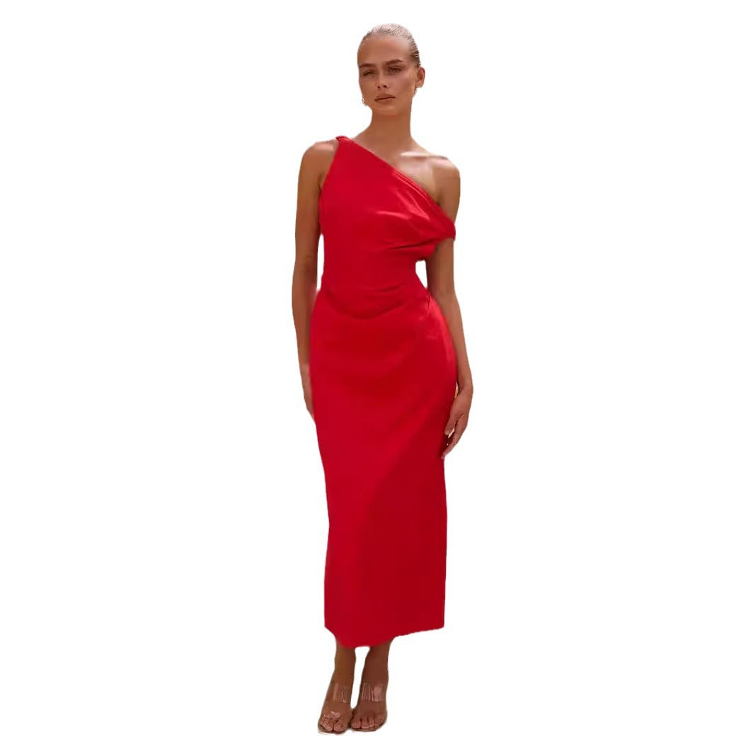 Women’s Midi Dress – One Shoulder – Slim Fit – Satin Look – Draped Bodice Elegance
