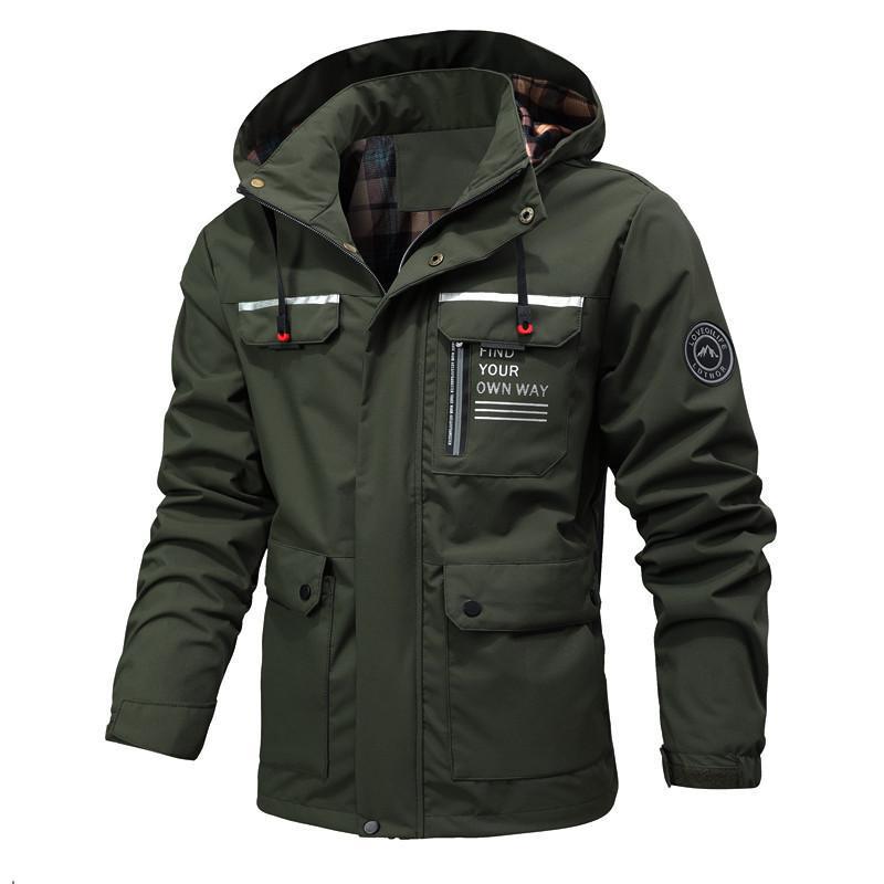 Men’s Windbreaker Jacket – Water-Resistant – Mid-Length – Hooded – Multi-Pocket Outdoor