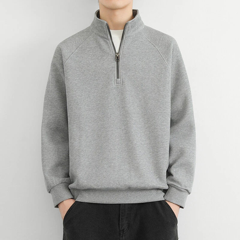 Men’s Half-Zip Sweatshirt – Ribbed Knit – Relaxed Fit – Stand Collar Casual Pullover