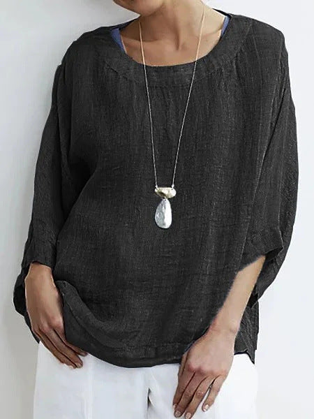 Women’s Cotton Top – Loose Fit – 3/4 Sleeve – Round Neck Casual Everyday Wear