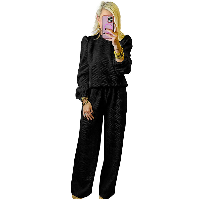 Women’s Two-Piece Set – Relaxed Fit – Wide-Leg Pants – Long Sleeve Puff Shoulder Top