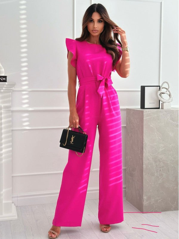 Women’s Jumpsuit – Tailored Fit – Ruffled Sleeves – Waist Tie – Wide Leg Flowing Style