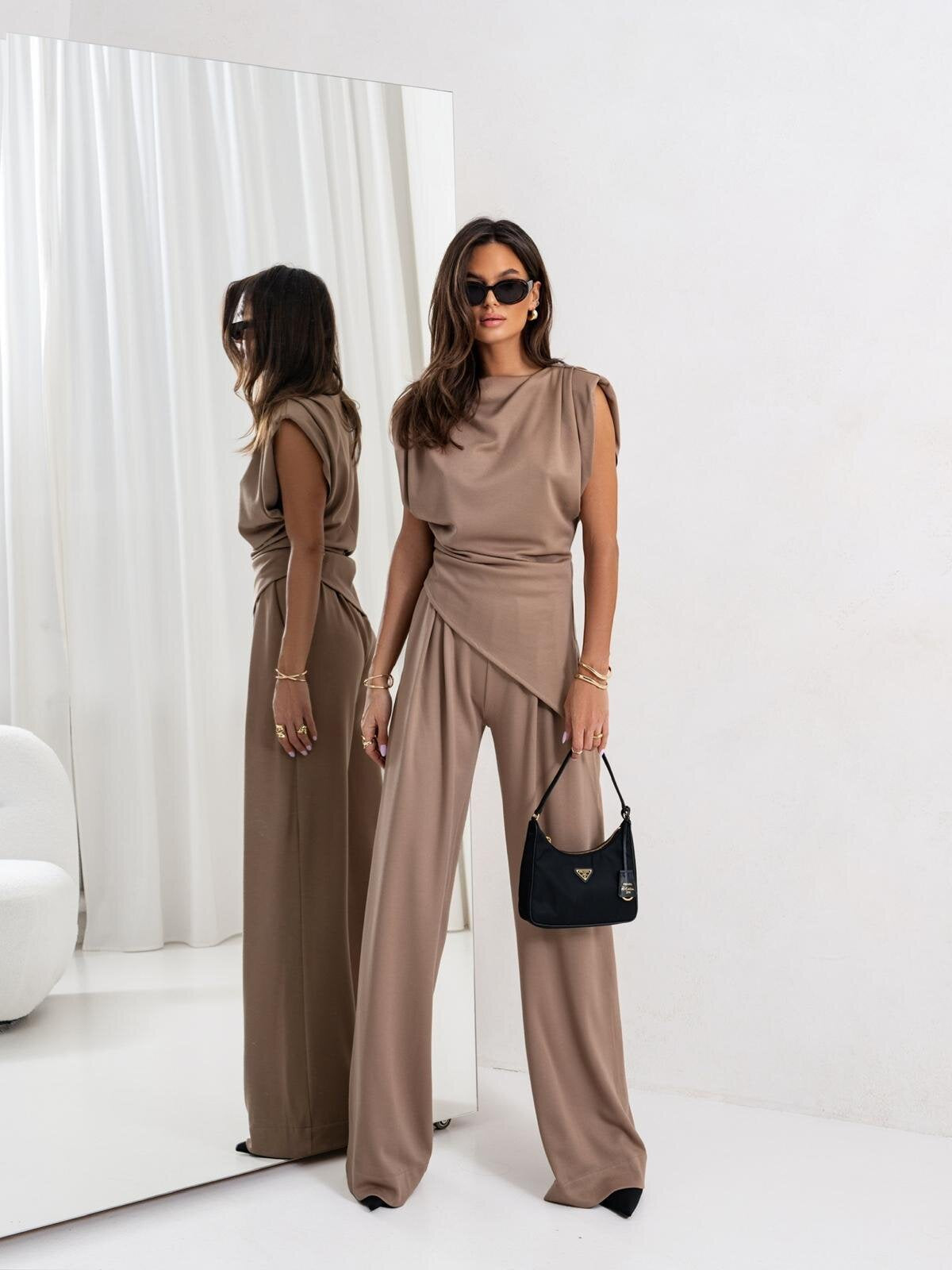 Women’s Two-Piece Pantsuit – Sleeveless Draped Top – High-Waist Wide-Leg Fit