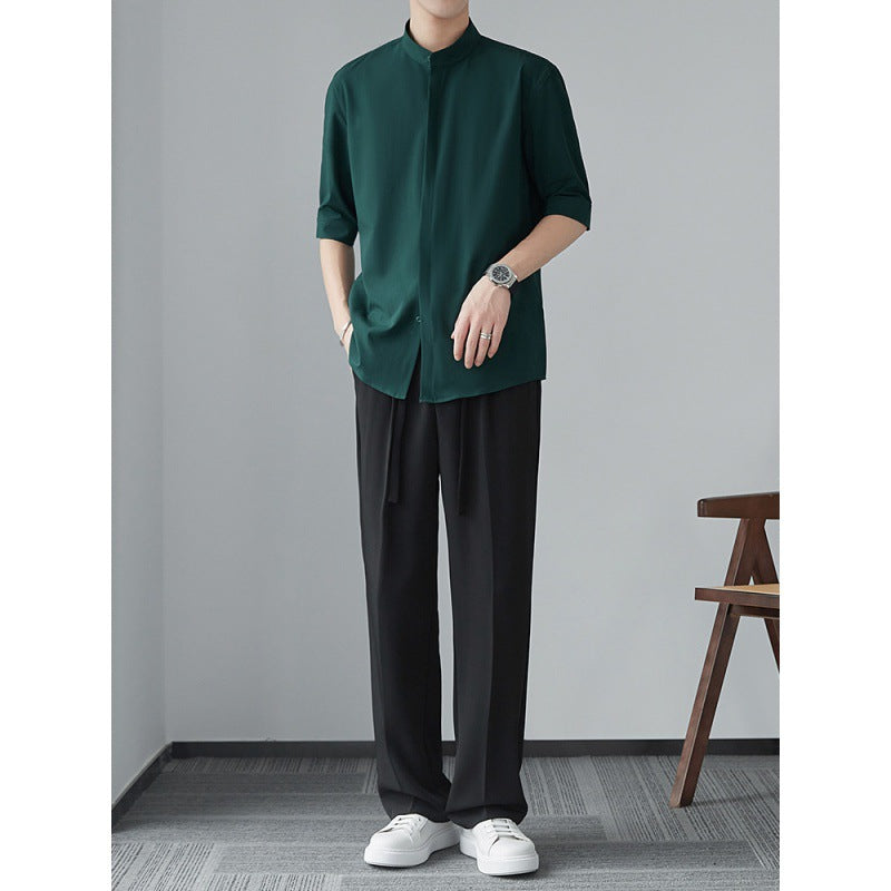 Men’s Long Sleeve Shirt – Relaxed Fit – Lightweight Drapey Fabric – Mandarin Collar