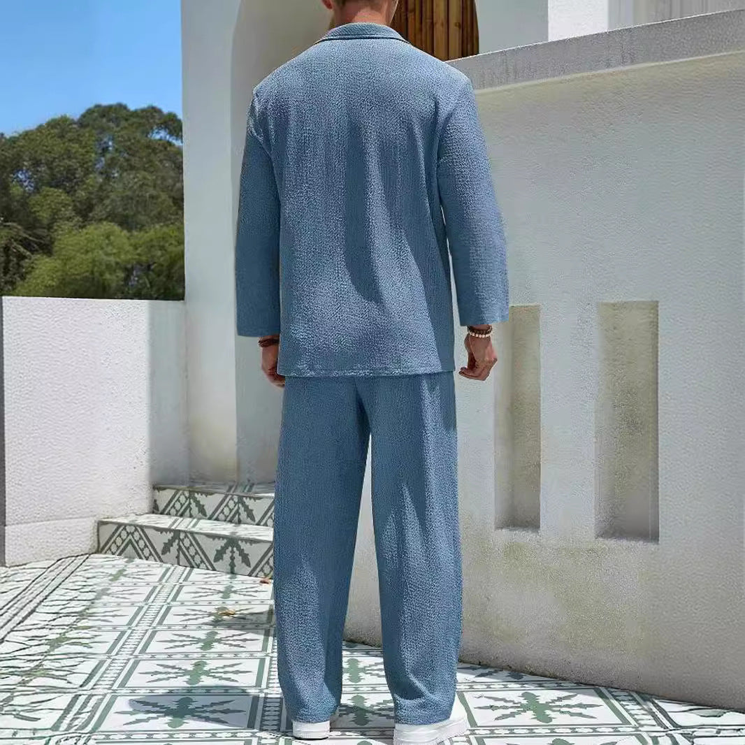 Men’s Lounge Set – Relaxed Fit – Textured Soft Fabric – Long Sleeve Shirt & Pants