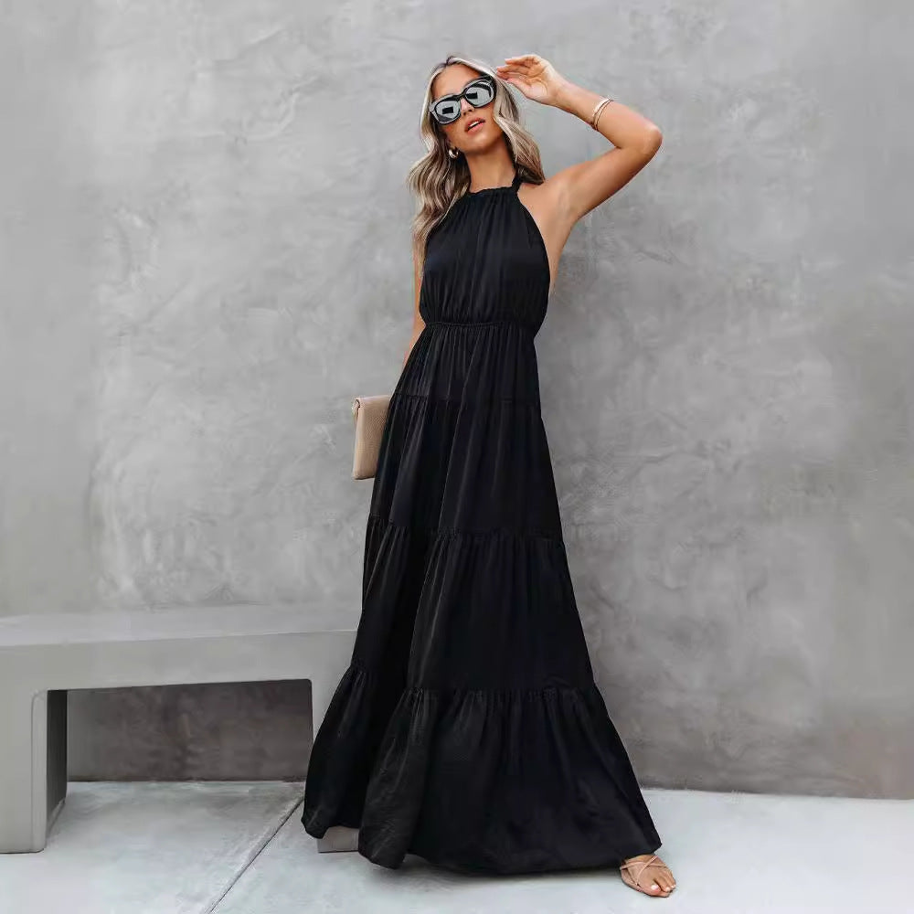 Women’s Halter Dress – Lightweight Fabric – Tiered Skirt – Full Length – Relaxed Fit