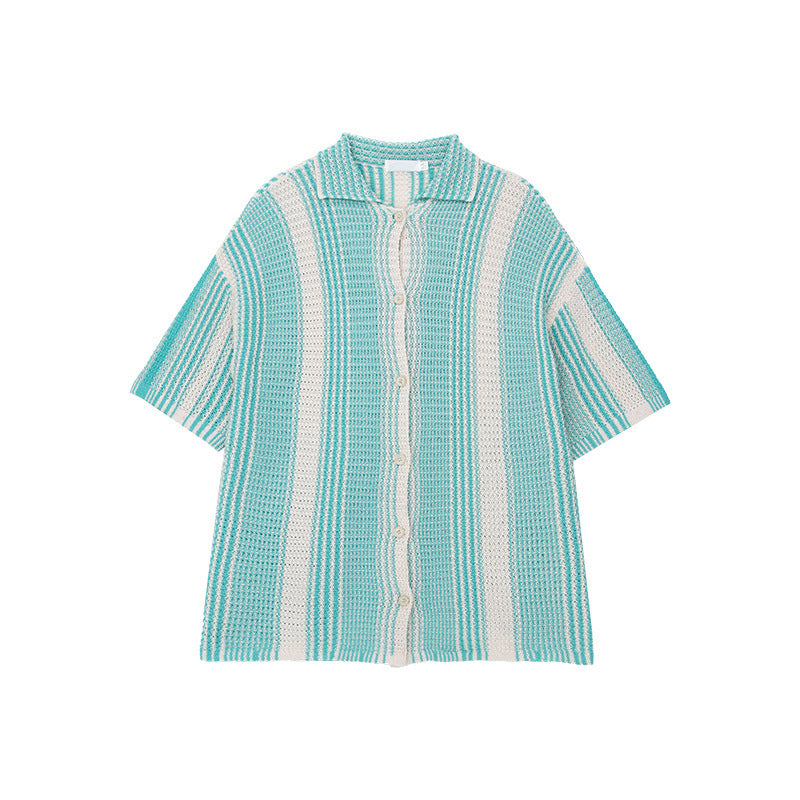 Men’s Knit Shirt – Loose Fit – Short Sleeve – Button-Down – Breathable Striped