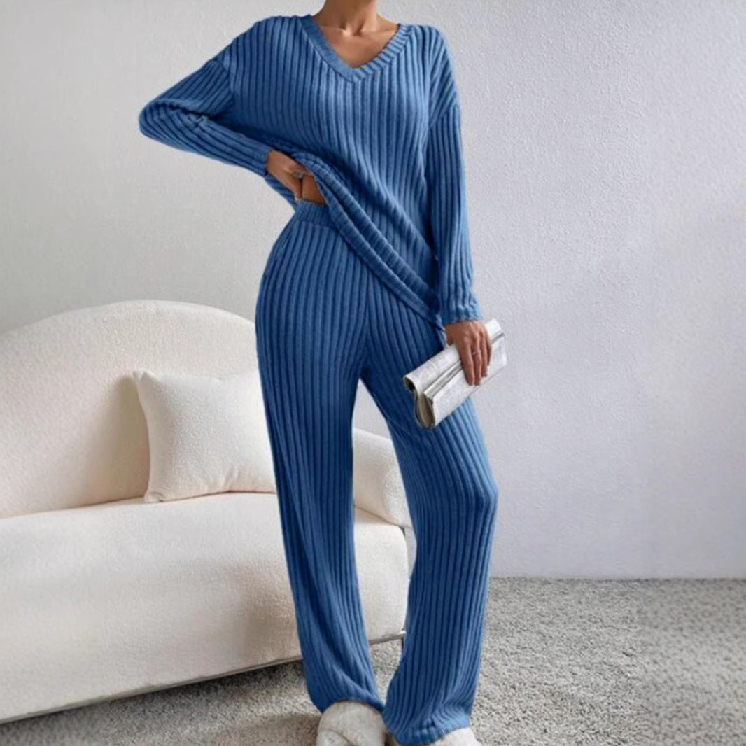 Women’s Knit Set – Ribbed V-Neck Top – Relaxed Fit – Straight-Leg Stretch Pants