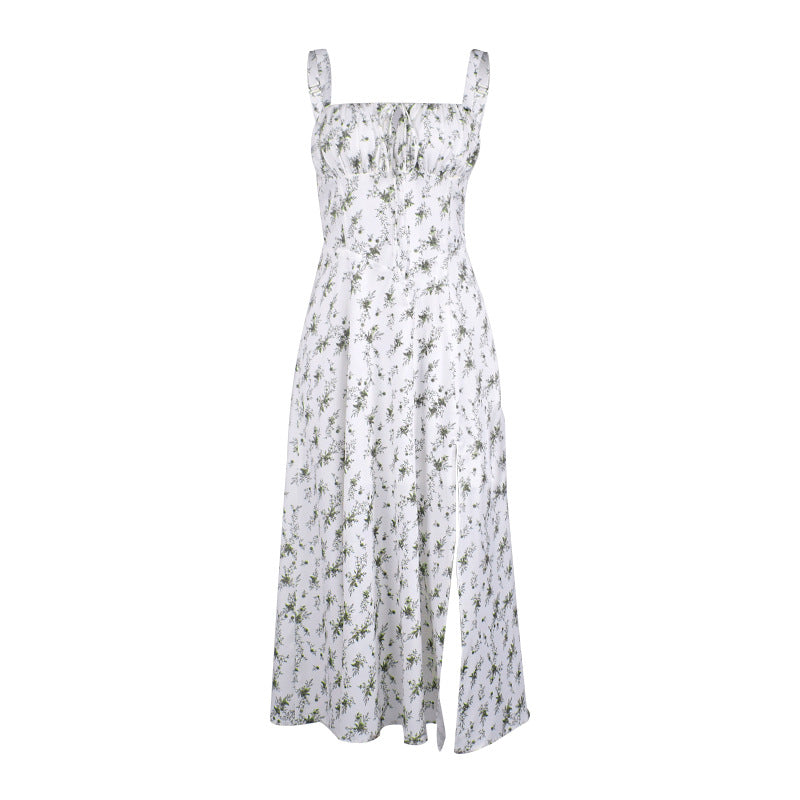 Women’s Midi Dress – Sleeveless – Tie Front – Floral Print – High Slit – Cotton Blend