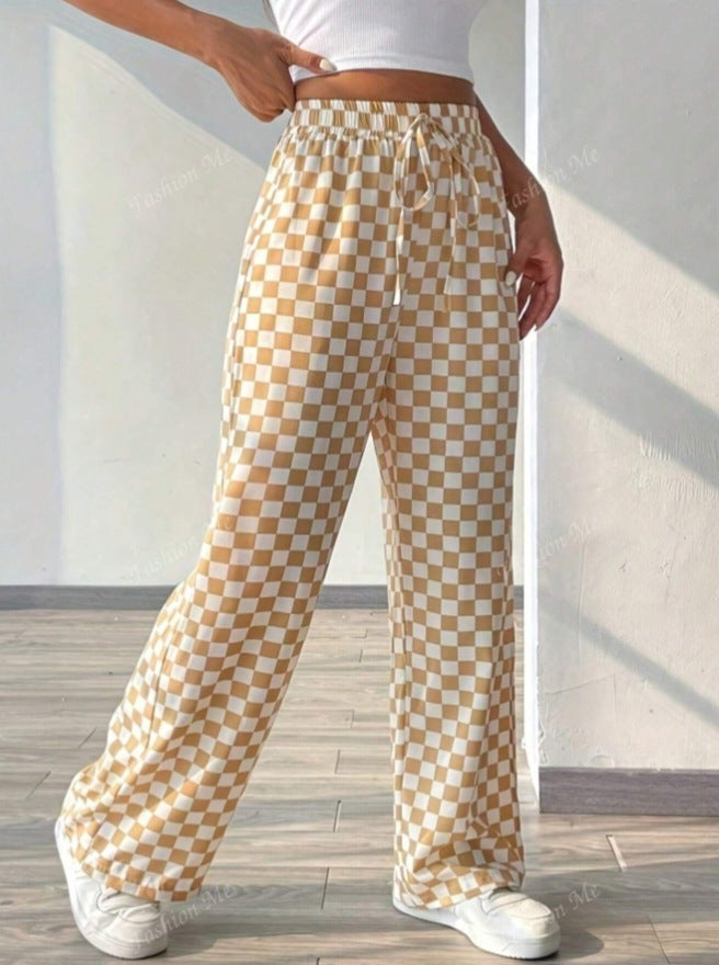 Women’s Wide-Leg Trousers – Relaxed Fit – Cotton Blend – Checkered – Elastic Waist