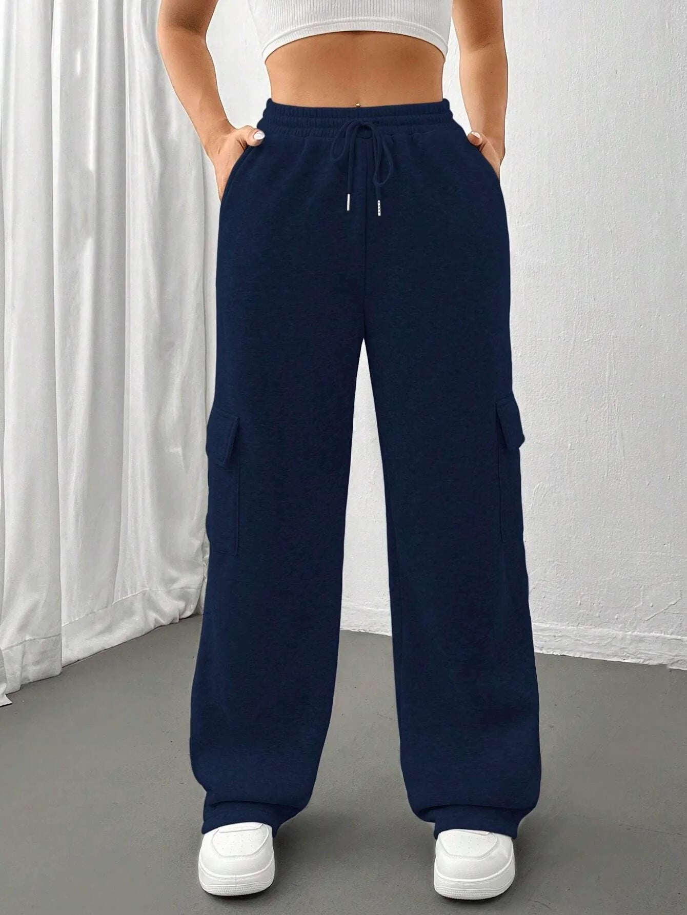 Women’s Cargo Sweatpants – Relaxed Fit – Wide Leg – High Waist – Drawstring
