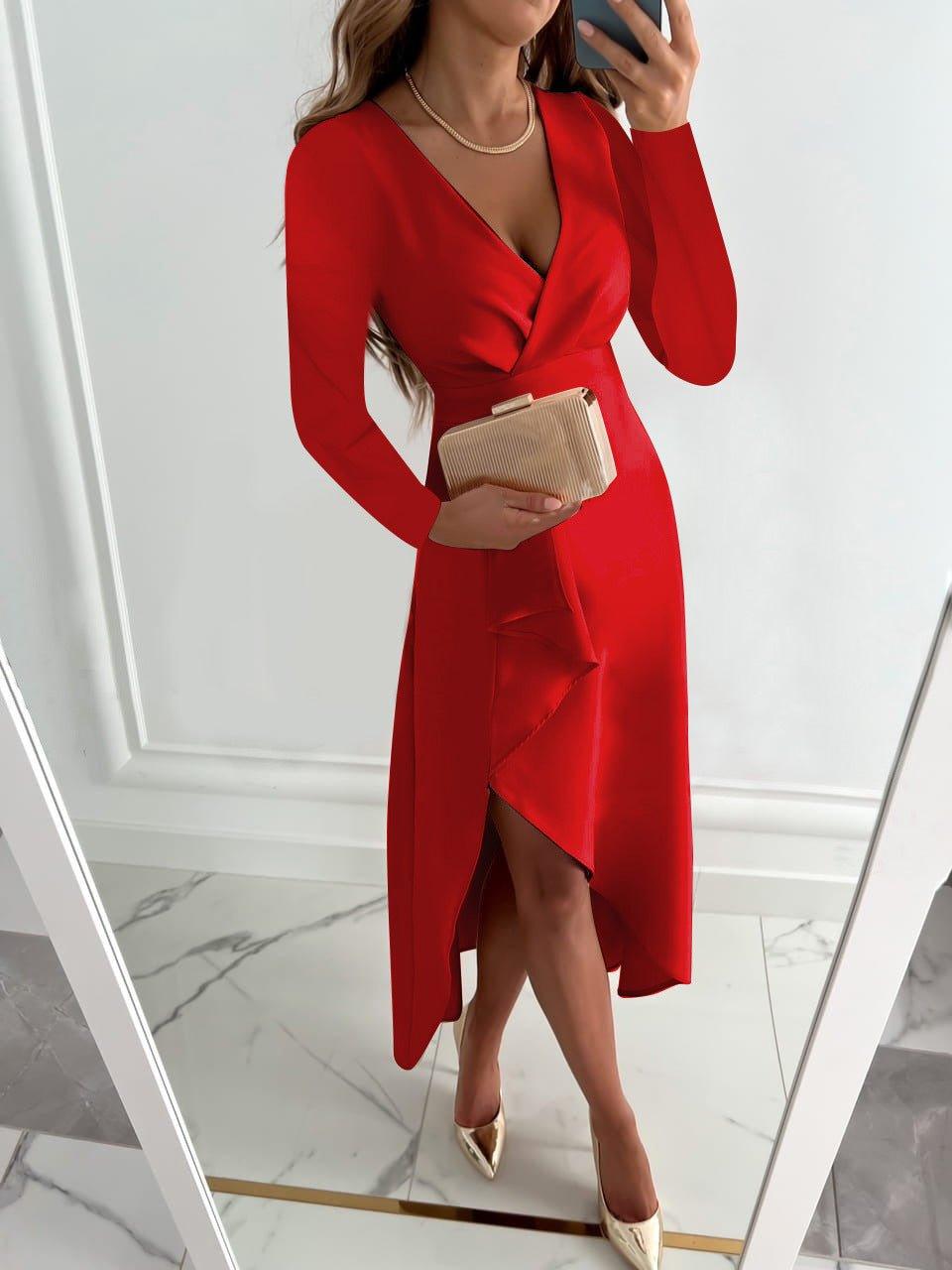 Women's Bodycon Dress - Wrap V-Neck - Long Sleeve Tie-Waist - Knee-Length Elegant Fit