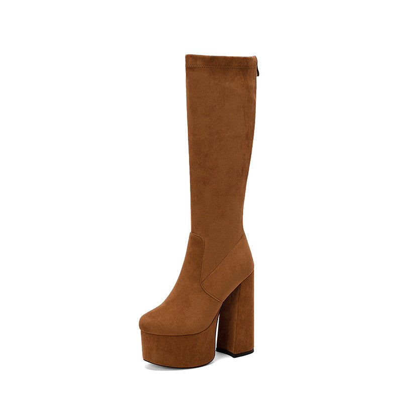Women’s Knee-High Boots – Suede – Fitted Leg – Chunky Heel – Platform Sole – Rear Zip
