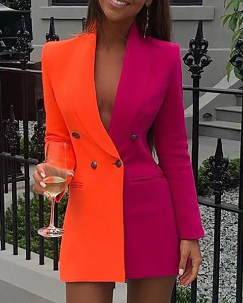 Women’s Blazer Dress – Tailored Fit – Two-Tone – V-Neck Mini – Double Breasted