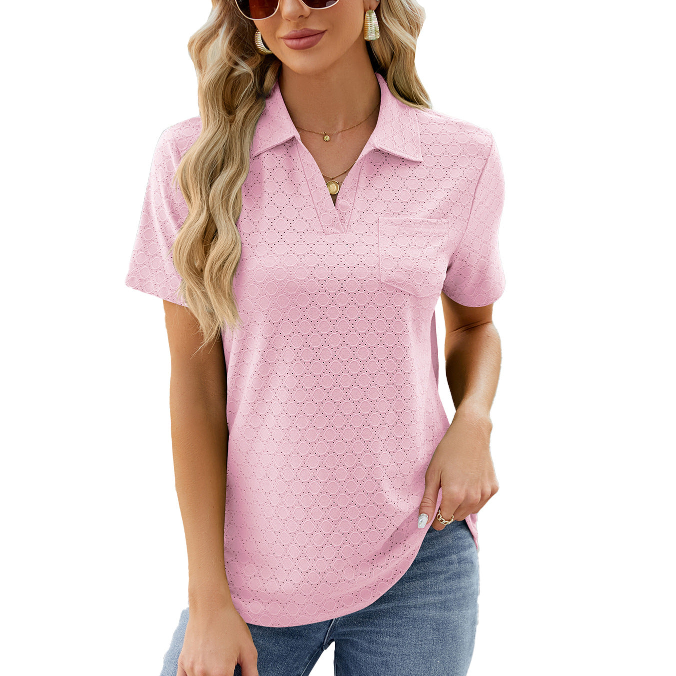 Women’s Polo Shirt – Relaxed Fit – Textured Knit – Open Collar – Chest Pocket