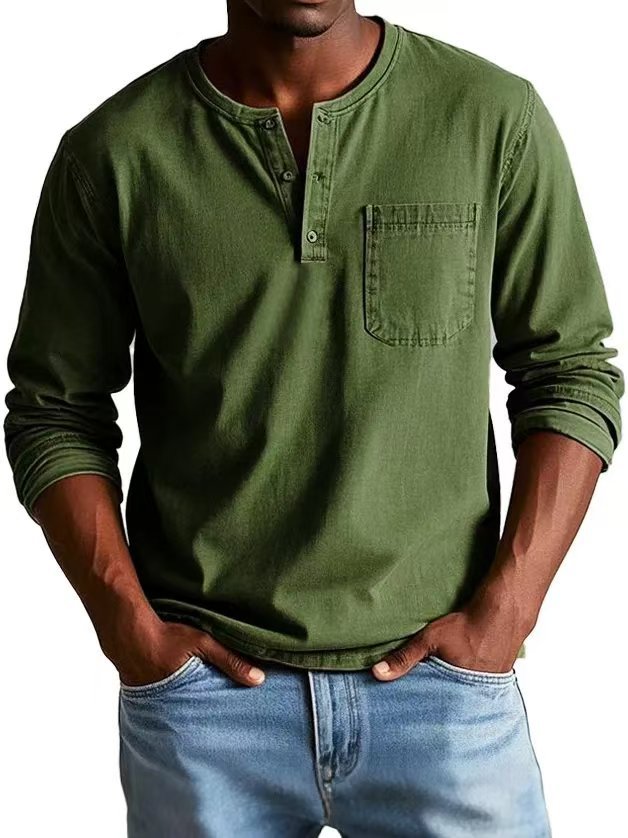 Men’s Long Sleeve T-Shirt – Slim Fit – Cotton Blend – Button Neck – Chest Pocket