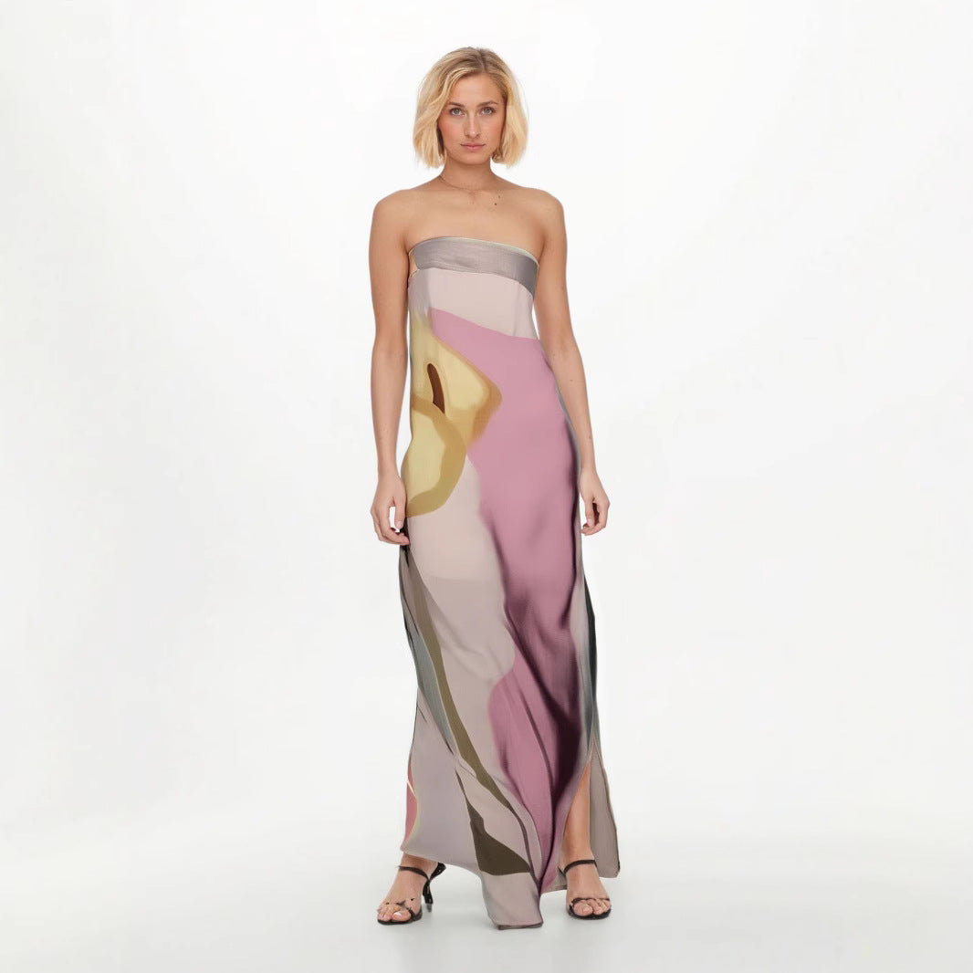Women’s Strapless Midi Dress – Abstract Print – Lightweight – Flowing Fit