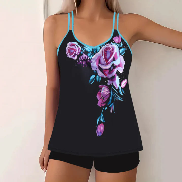 Women’s Tankini Set – Relaxed Fit – V-Neck – Spaghetti Straps – Swim Shorts