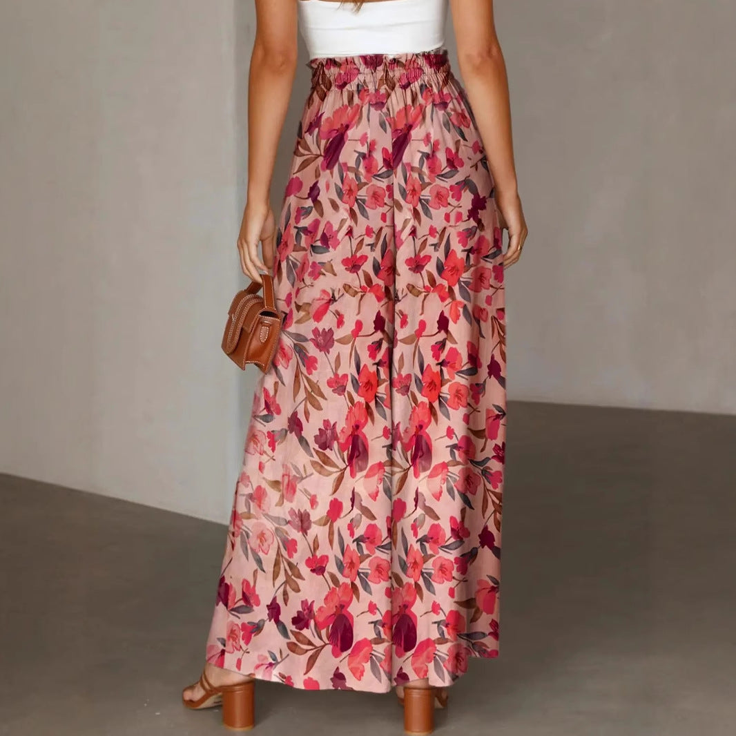 Women’s Wide-Leg Pants – Chiffon – High Waist – Floral Print – Drawstring Waist – Full Length
